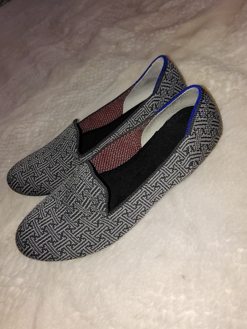 Rothy's Gray Patterned Slip-On Loafers with Blue Trim